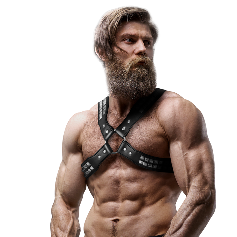 FETISK UNDERSOM HOLDNING - HERRESKRYSSET BRYST SELE I ØKO-SKINN MED NAGLER