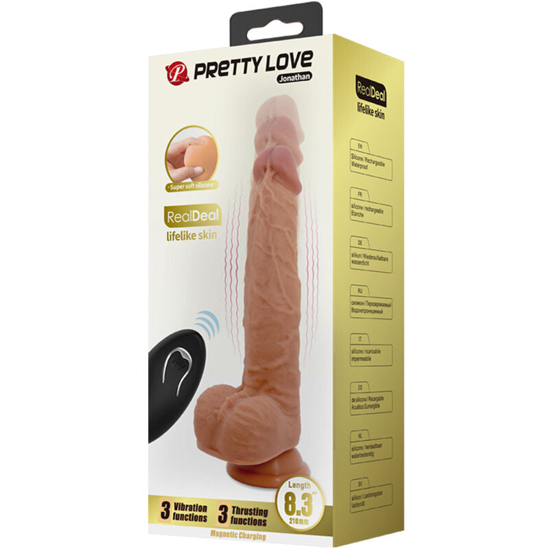 PRETTY LOVE - JONATHAN SILIKON DILDO 3 VIBRASJONER + 3 INNSETNINGSMÅL FJERNKONTROLL 21 CM