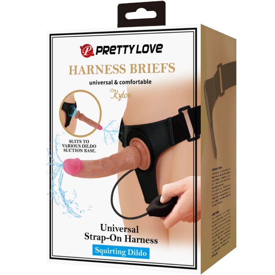 PRETTY LOVE - KYTON UNIVERSAL HARNESS BRIEFS WITH SQUIRTING DILDO 19 CM MULATO