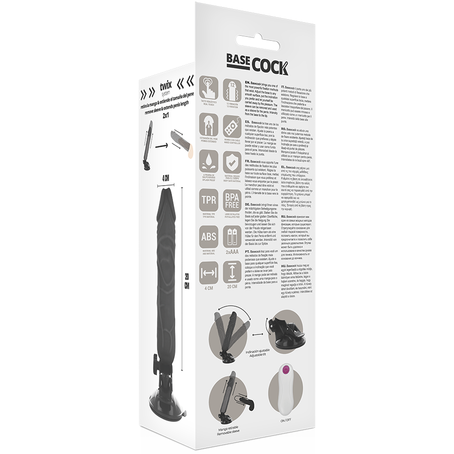 BASECOCK - REALISTISK VIBRATOR FJERNKONTROLL SVART 20 CM -O- 4 CM