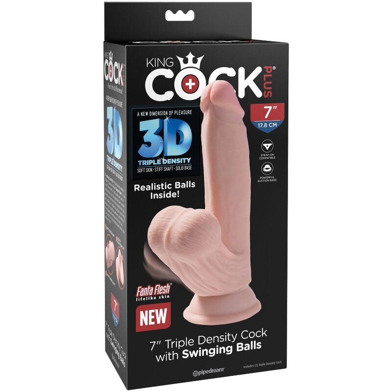 KONGEPIKK - PLUSS 3D-DILDO MED SWINGENDE BALLER 15,2 CM LYS HUD