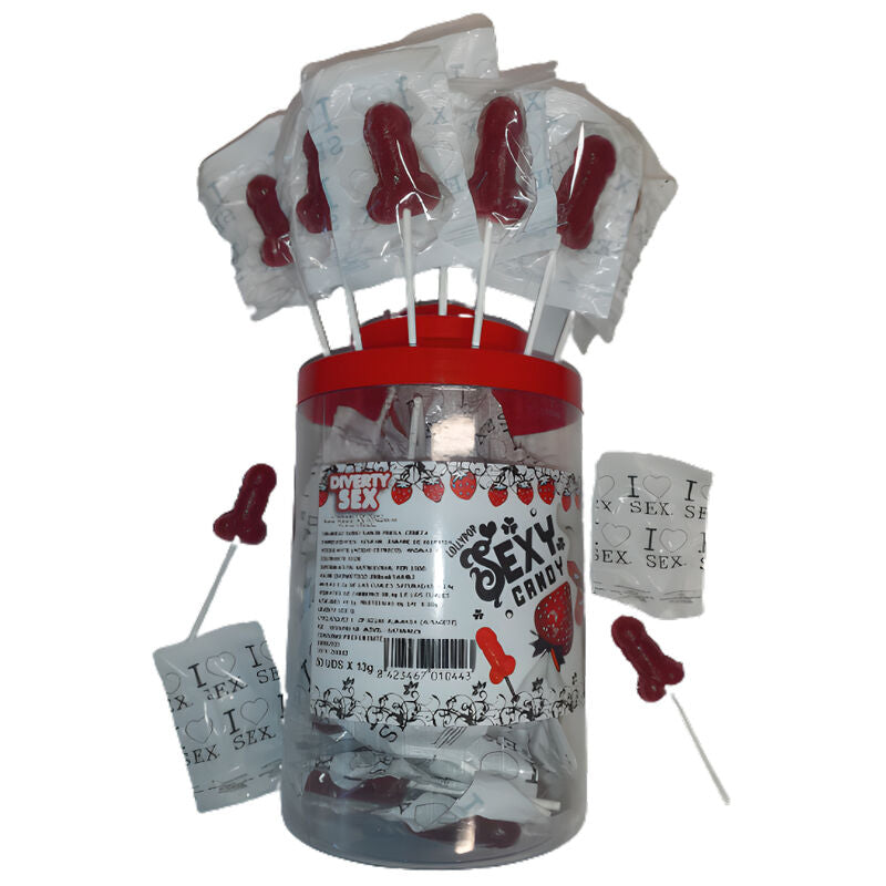 DIABLO PICANTE - 50 JORDBÆR- OG KIRSEBÆRGODTERI MED PENIS-LOLLIPOPPER 50 ENHETER
