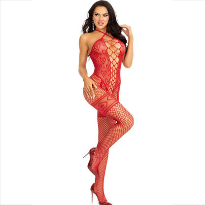 LEG AVENUE - BODYSTOCKING NECK HALTER RØDE HJERTER RØDE