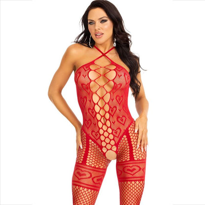 LEG AVENUE - BODYSTOCKING NECK HALTER RØDE HJERTER RØDE