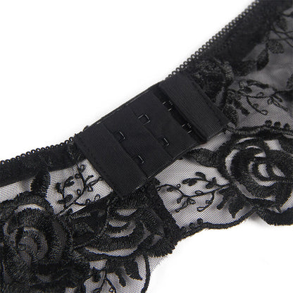 SUBBLIME - SET OF 3 PIECES BRA + THONG + GARTER FLORAL PRINT BLACK L/XL