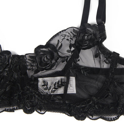 SUBBLIME - SET OF 3 PIECES BRA + THONG + GARTER FLORAL PRINT BLACK L/XL