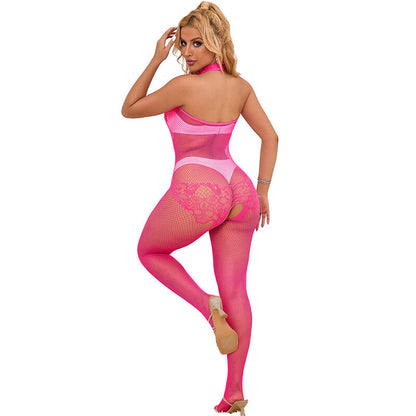 SUBBLIME - 952389 FISKNETT- OG BLONDE-SKRITTELØS BODYSTOCKING MED HØY HALS ROSA EN STØRRELSE