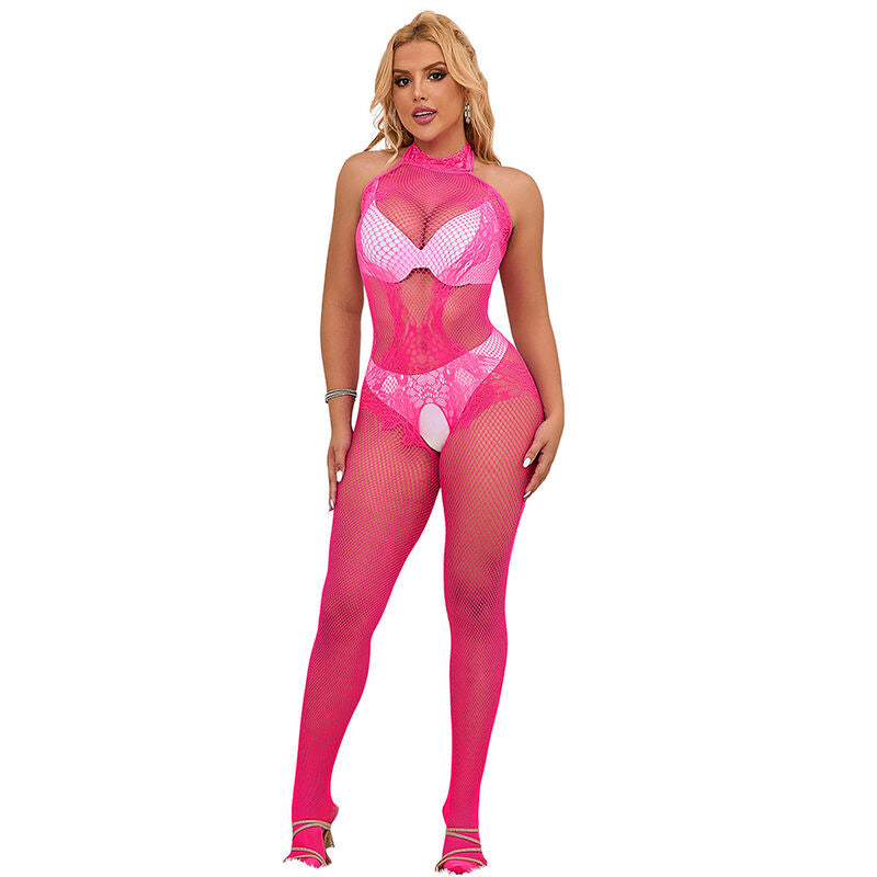 SUBBLIME - 952389 FISKNETT- OG BLONDE-SKRITTELØS BODYSTOCKING MED HØY HALS ROSA EN STØRRELSE