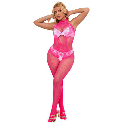 SUBBLIME - 952389 FISKNETT- OG BLONDE-SKRITTELØS BODYSTOCKING MED HØY HALS ROSA EN STØRRELSE
