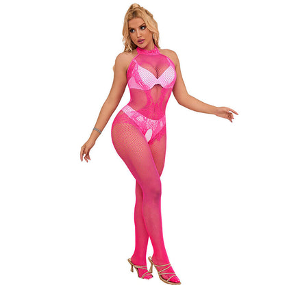 SUBBLIME - 952389 FISKNETT- OG BLONDE-SKRITTELØS BODYSTOCKING MED HØY HALS ROSA EN STØRRELSE