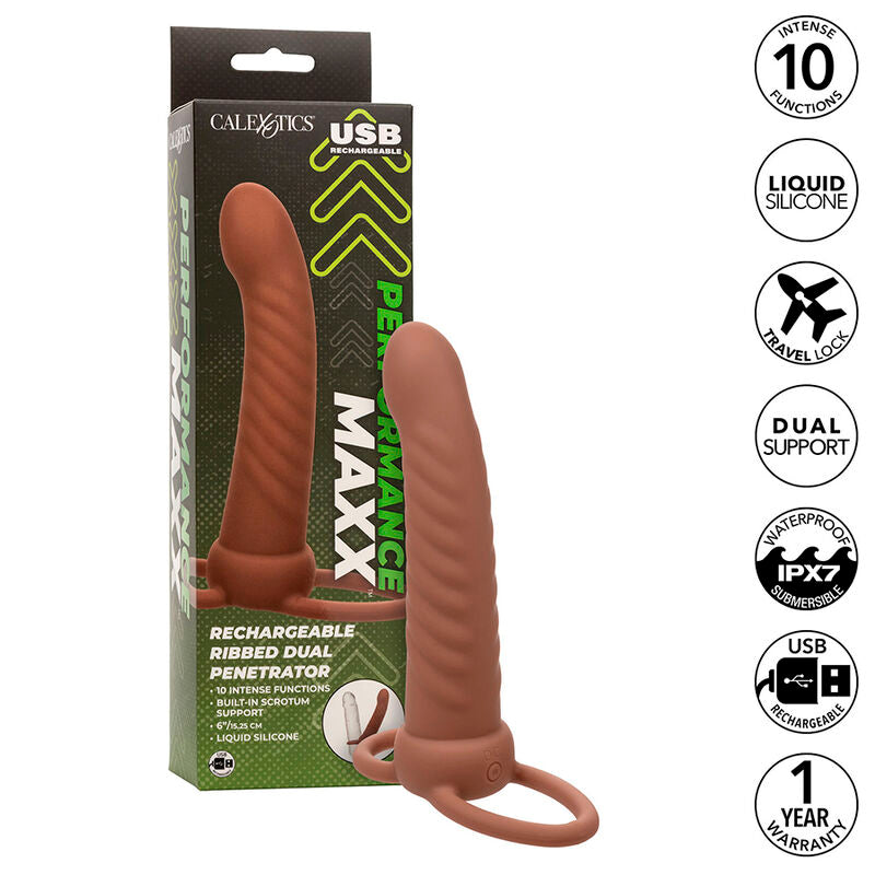 CALEXOTICS - MAXX RIBBED DUAL PENETRATOR 10 VIBRASJONER BRUN