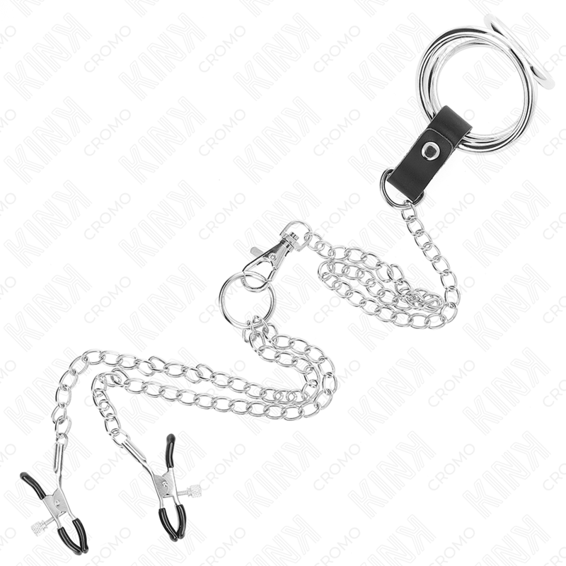 KINK - TRIPPEL KROMMETALLPENISRING 3 CM TIL 4,5 CM MED 26 CM METALLKJEDE OG BRYSTVORTEKLIPP