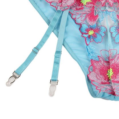 SUBBLIME - 954109 BH + TRUSER MED HÅNDBELTE BLOMSTERDESIGN BLÅ S/M