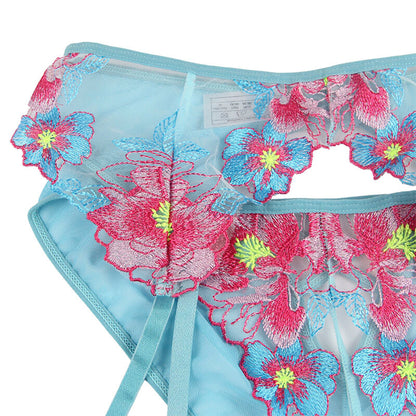 SUBBLIME - 954109 BH + TRUSER MED HÅNDBELTE BLOMSTERDESIGN BLÅ S/M