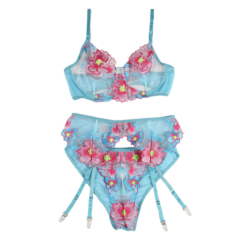 SUBBLIME - 954109 BH + TRUSER MED HÅNDBELTE BLOMSTERDESIGN BLÅ S/M