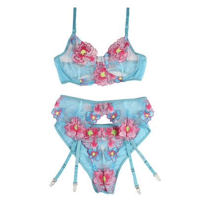 SUBBLIME - 954109 BH + TRUSER MED HÅNDBELTE BLOMSTERDESIGN BLÅ S/M