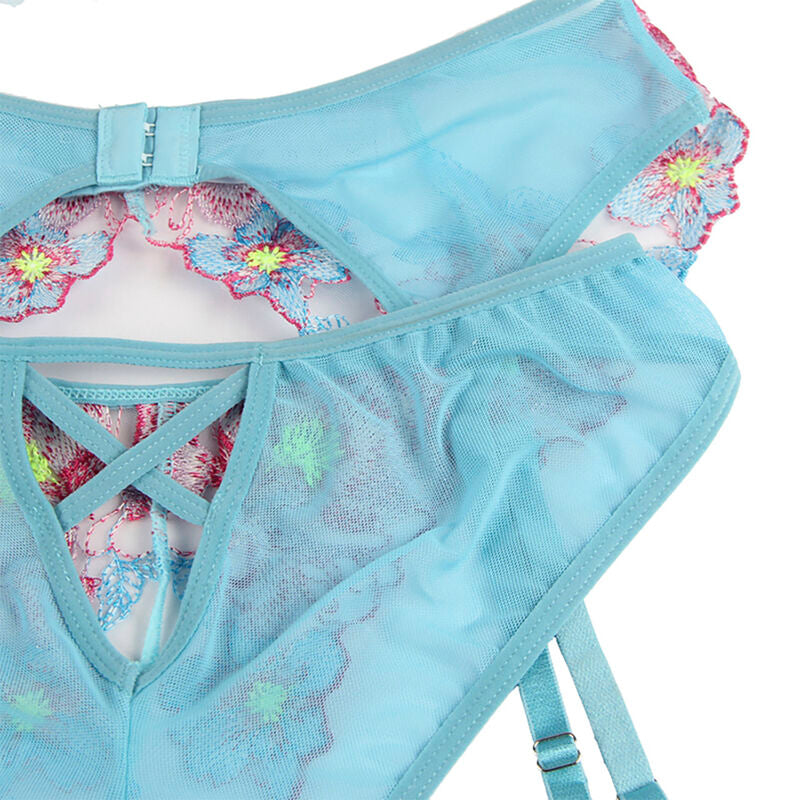 SUBBLIME - 954116 BH + TRUSER MED HÅNDBELTE BLOMSTERDESIGN BLÅ L/XL