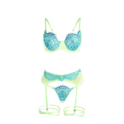 SUBBLIME - 955311 SET OF BRA WITH LACE AND GARTER LINES GREEN AND BLUE S/M