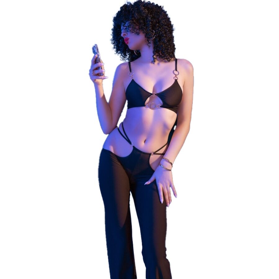 CHILIROSE - CR 4851 BLACK TOP AND LEGGINGS SET WITH GOLDEN ACCESSORIES M