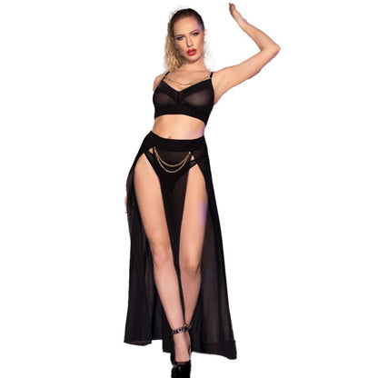 CHILIROSE - CR 4672 BLACK TOP SKIRT AND THONG WITH GOLDEN CHAINS M