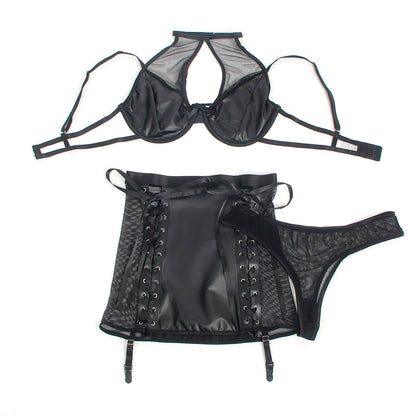 SUBBLIME - 957582 LEATHER BRA AND SKIRT SET BLACK S/M