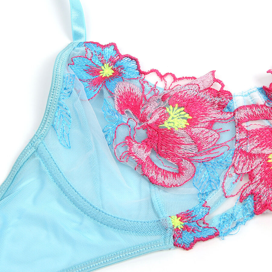 SUBBLIME - 957650 FLOWER EMBROIDERED BRA AND GARTER BELT SET PINK L/XL