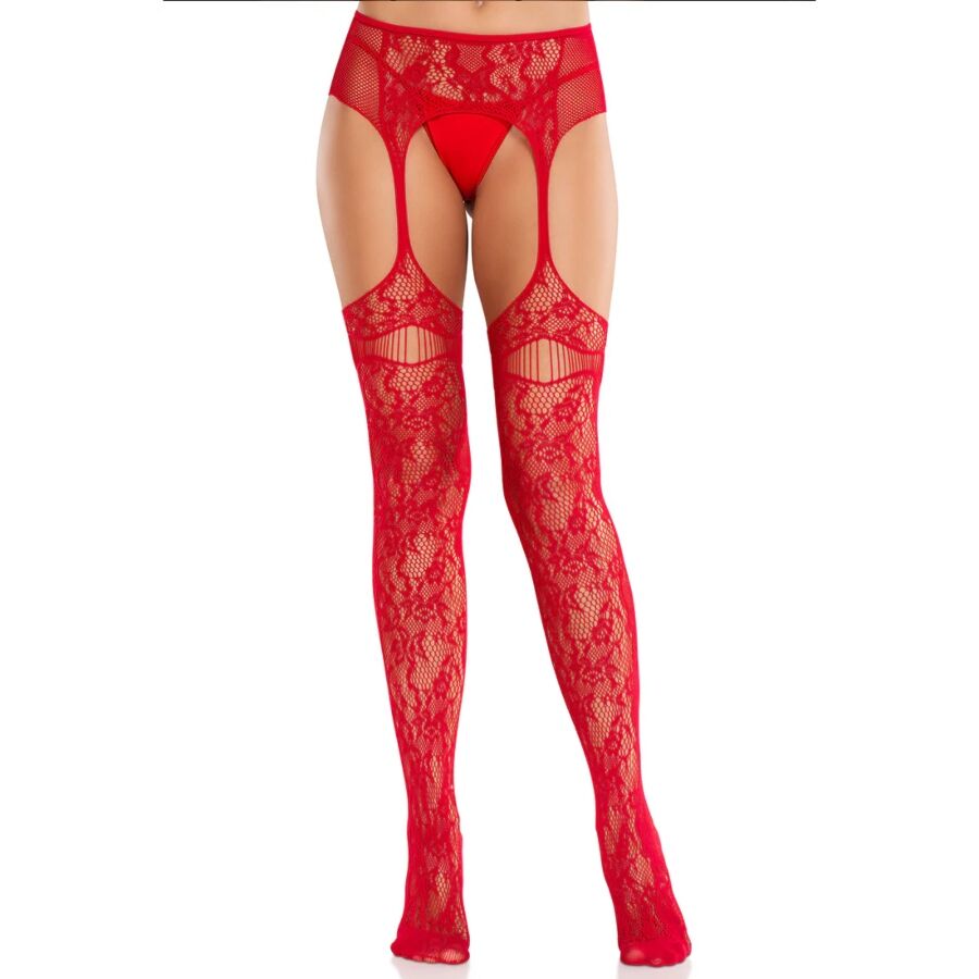 LEG AVENUE - LACE STOCKINGS WITH GARTERS RED