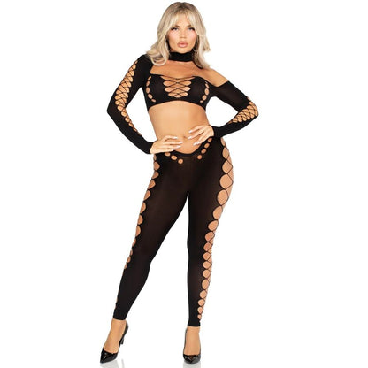 LEG AVENUE - CROP TOP AND LEGGINGS CUT-OUT SEAMLESS BLACK
