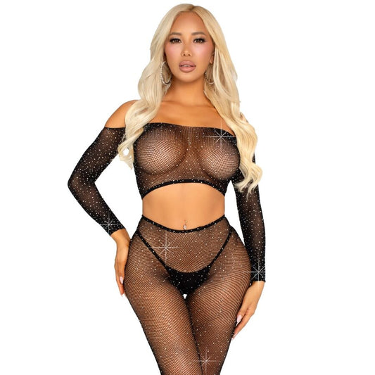 LEG AVENUE - CROP TOP AND FISHNET LEGGING WITH RHINESTONES BLACK