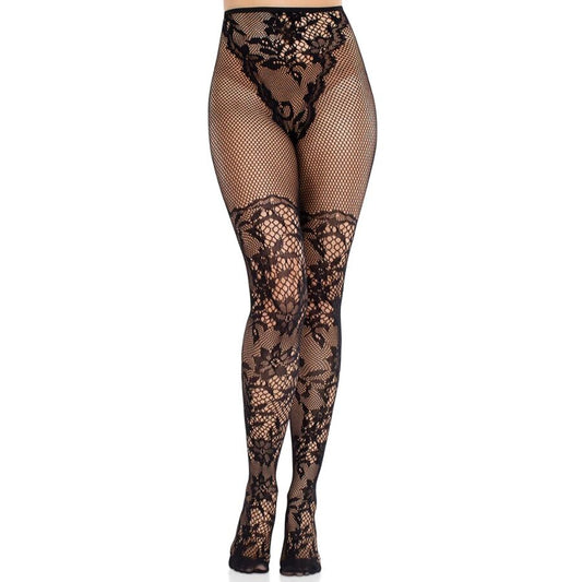 LEG AVENUE - DAHLIA LACE STOCKINGS WITH NET DETAIL BLACK