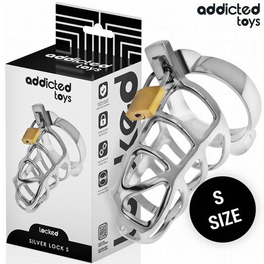 ADDICTED TOYS LOCKED - SILVER LOCK METAL PENIS CAGE SIZE S