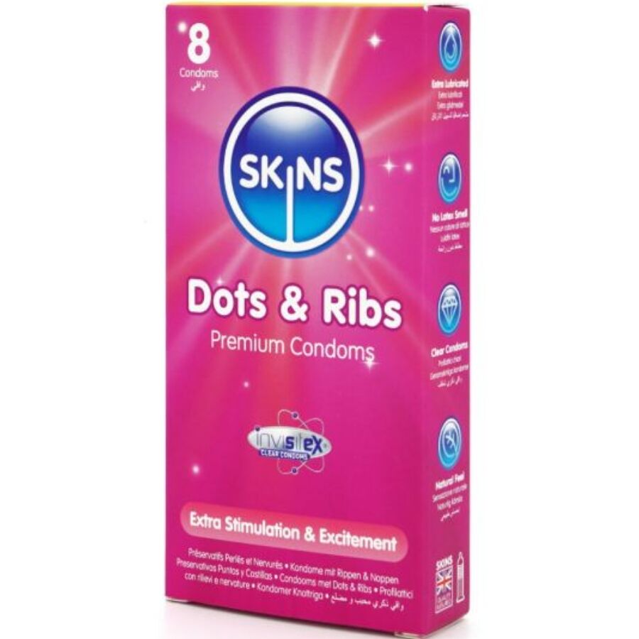 SKINS - DOTS &amp; RIBS PREMIUM KONDOMER PAKKE 8