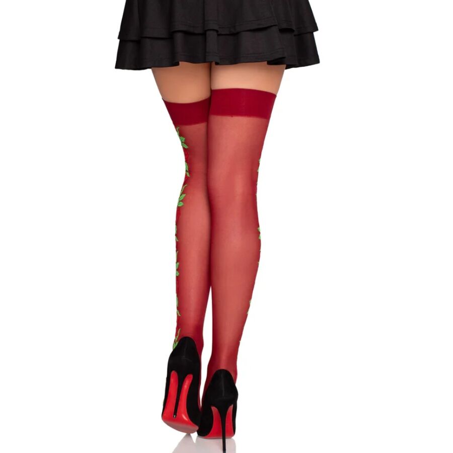 LEG AVENUE - 1957 GARTER BELT STOCKINGS WITH RED FLOWERS - ONE SIZE