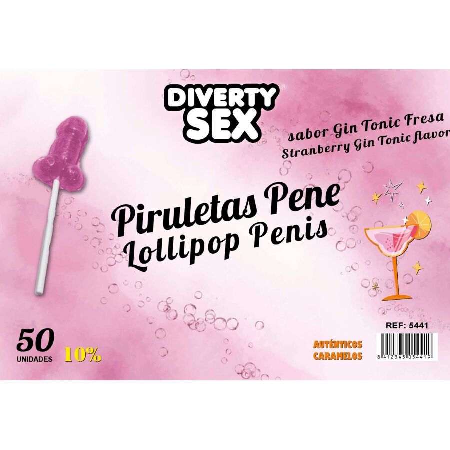 DIABLO GOLOSO - 50 PENIS-LOLLIPOPS GIN TONIC JORDBÆRSMAK 10 % ALKOHOL