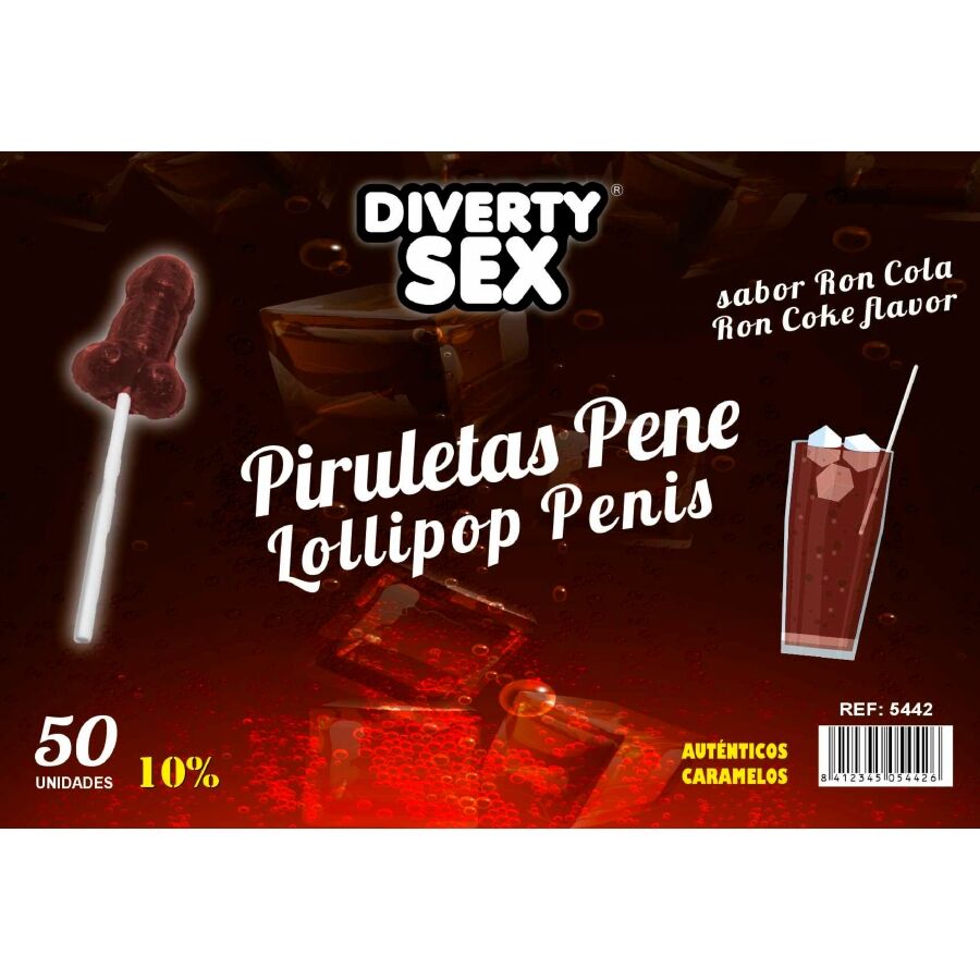DIABLO GOLOSO - 50 PENIS LOLLIPOPS RON COLA SMAK 10 % ALKOHOL