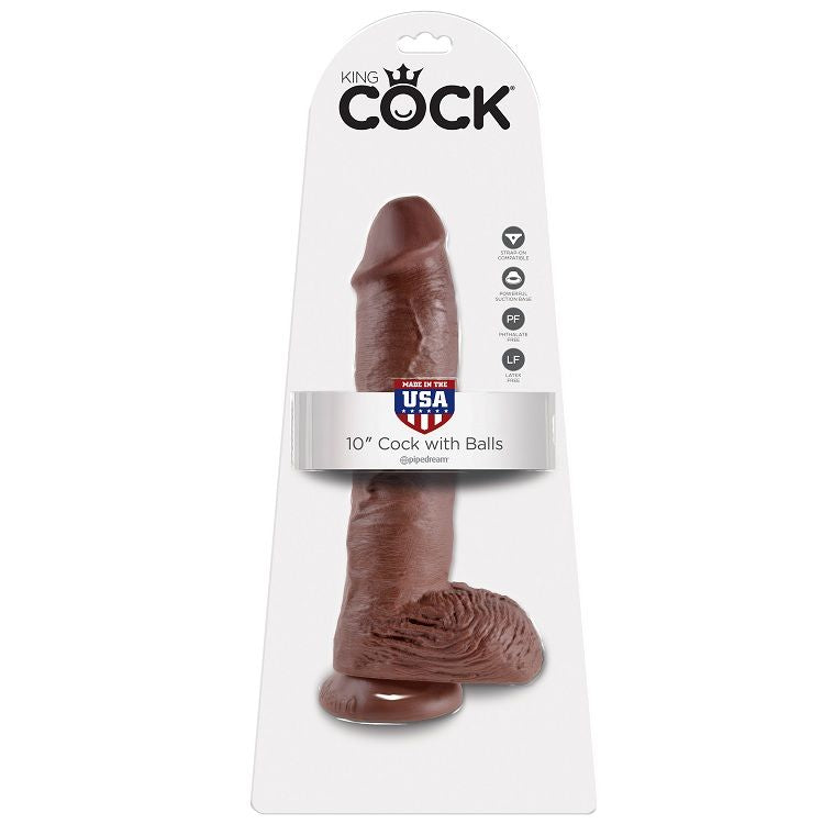 KONGEPIKK - 10 BRUNE DILDOER MED BALLER 25,4 CM