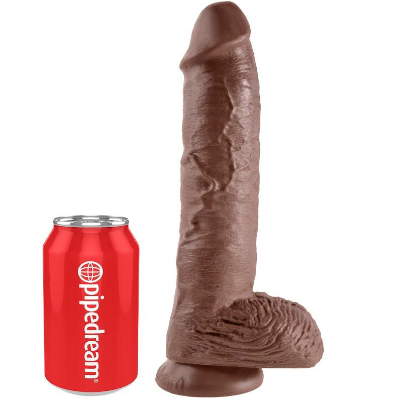 KONGEPIKK - 10 BRUNE DILDOER MED BALLER 25,4 CM